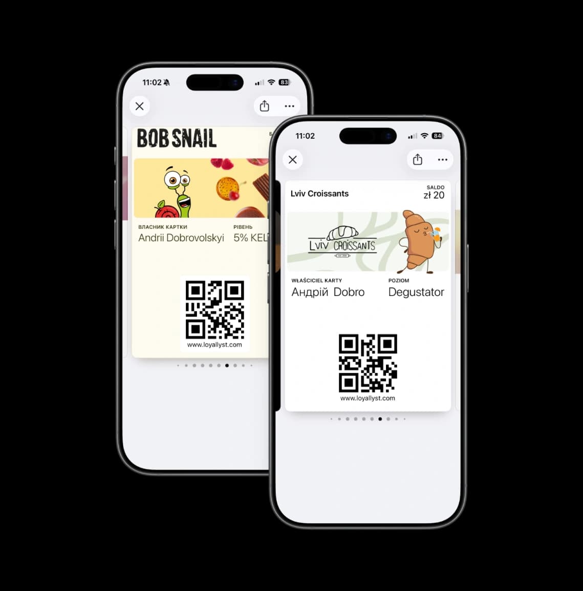 Two restaurant digital loyalty cards in branded designs