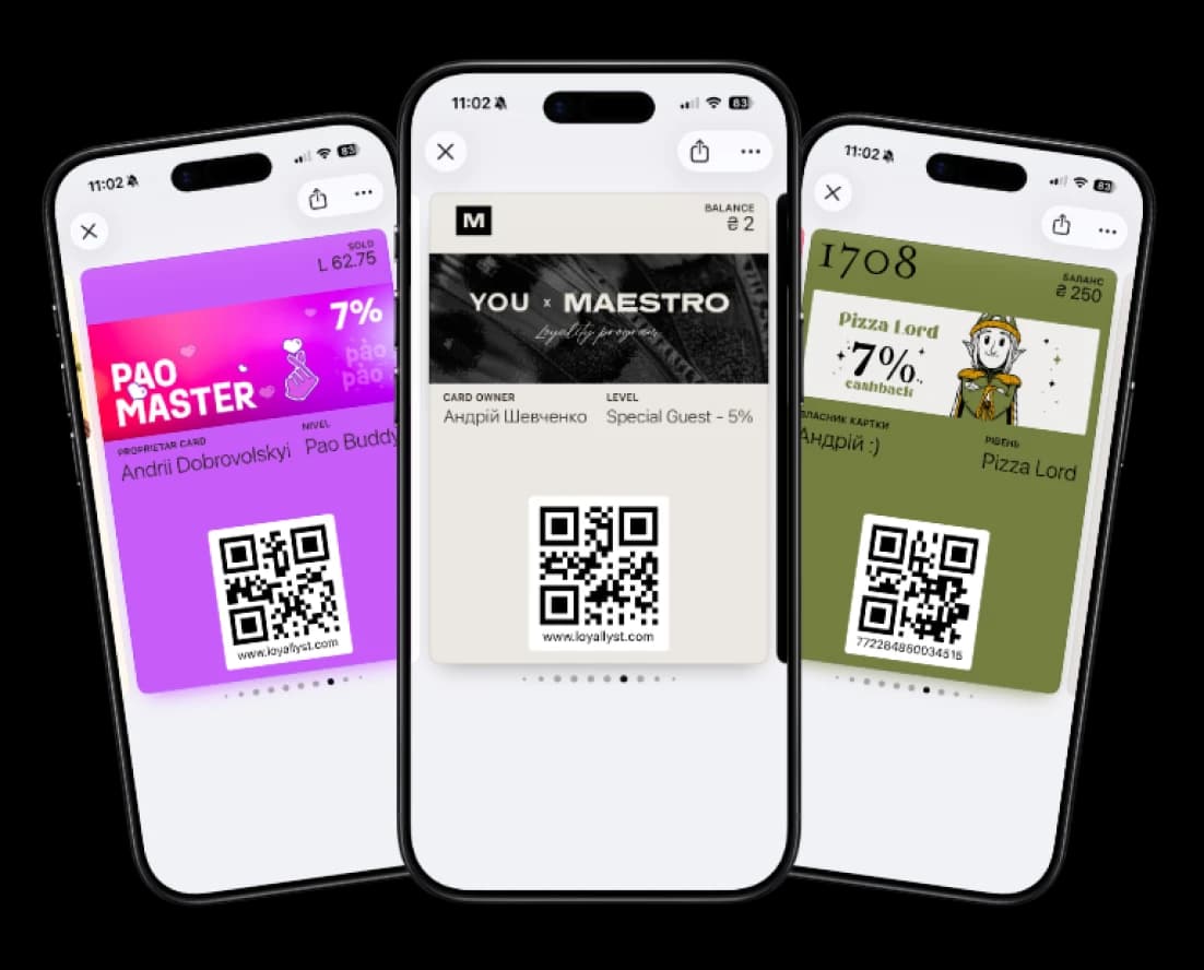 Three restaurant digital loyalty cards with different branded designs