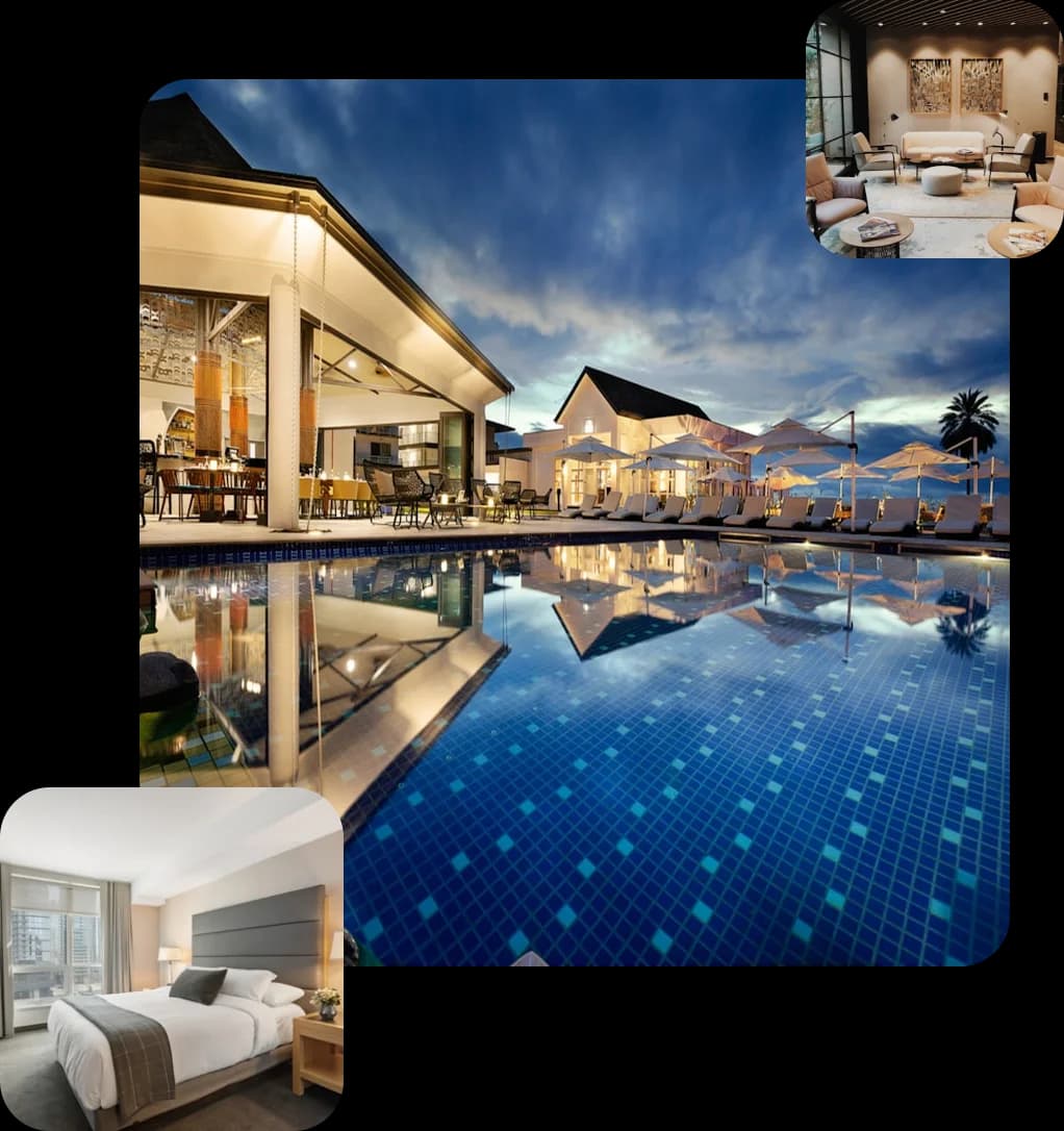 Collage of a hotel complex swimming pool, guest room, and lounge area