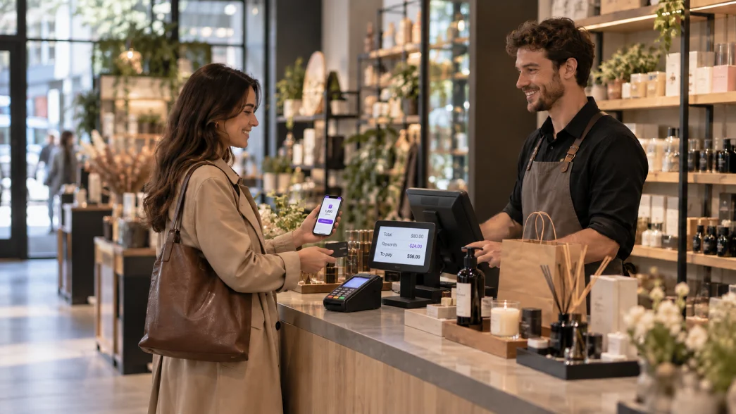 A customer redeems bonus points while paying for a purchase in a store