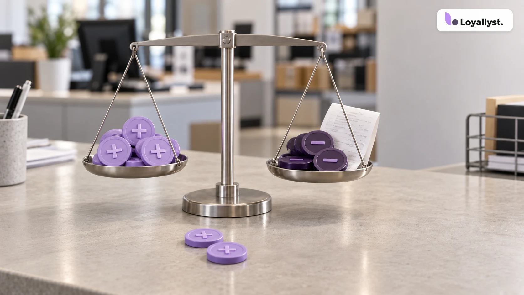 A balance scale with tokens representing bonus-point earning and redemption beside a receipt