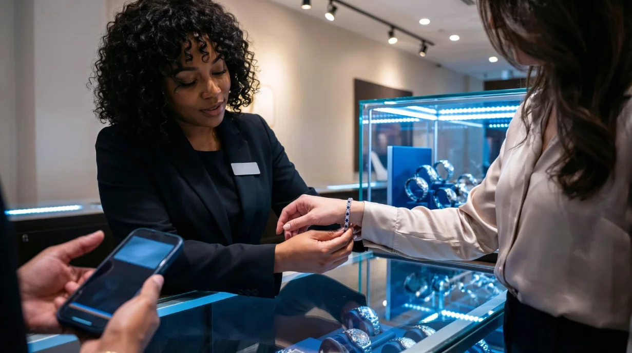 A customer tries on a bracelet in a jewelry store while completing a purchase