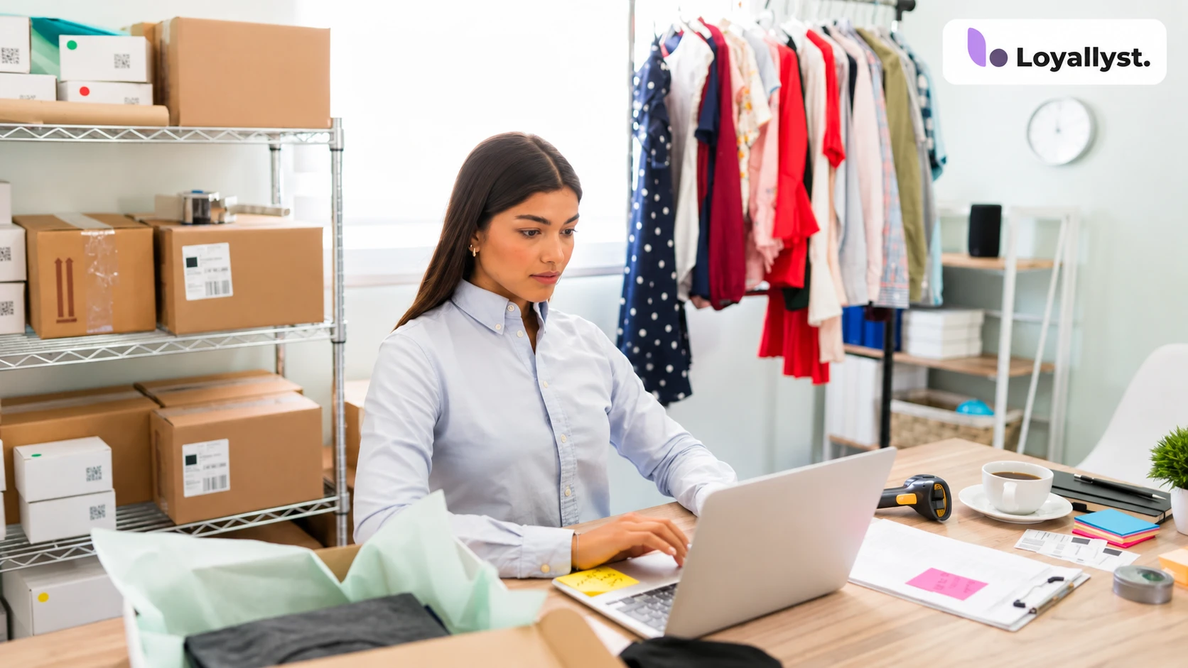 A clothing store owner works on a laptop, with the Loyallyst logo in the top-right corner