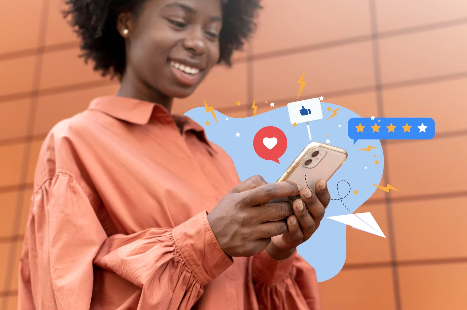 A customer rates her purchase satisfaction on a smartphone using a five-star scale