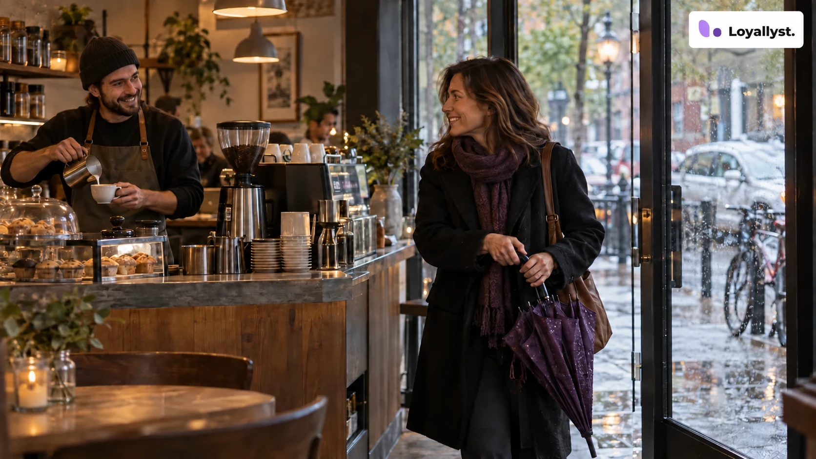 A customer moves from discovering a café to returning as a regular guest, with the Loyallyst logo nearby
