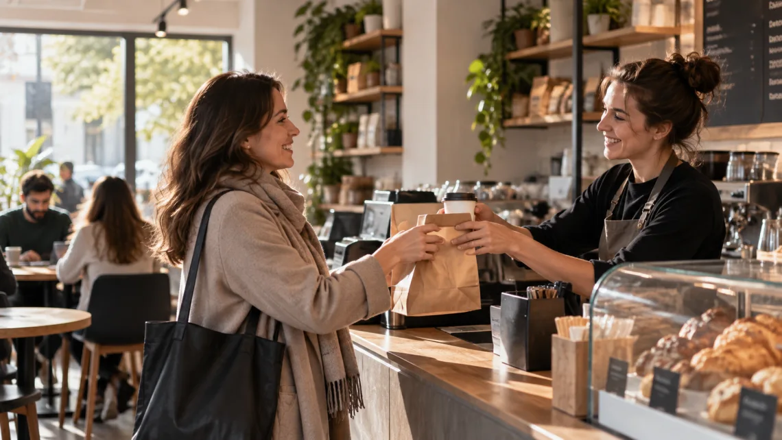 A customer returns to a coffee shop and collects her order