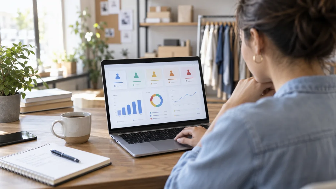 A business owner analyzes customer lifecycle stages on a laptop