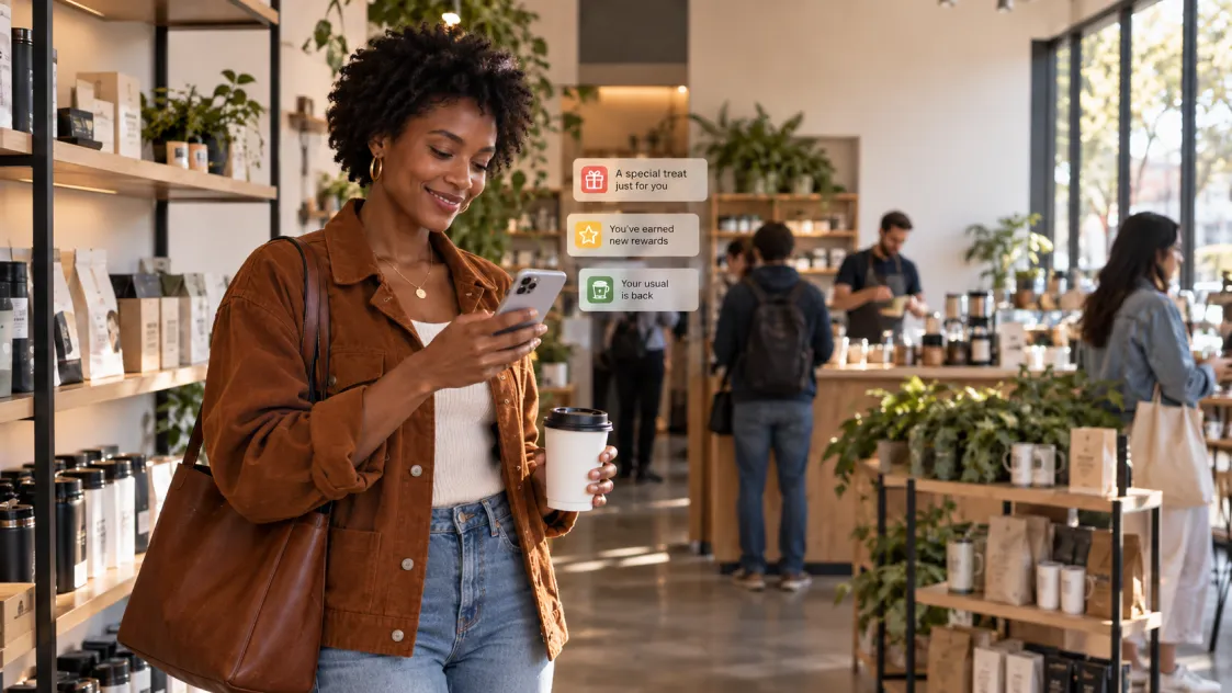 A regular customer receives personalized rewards and offers on her smartphone