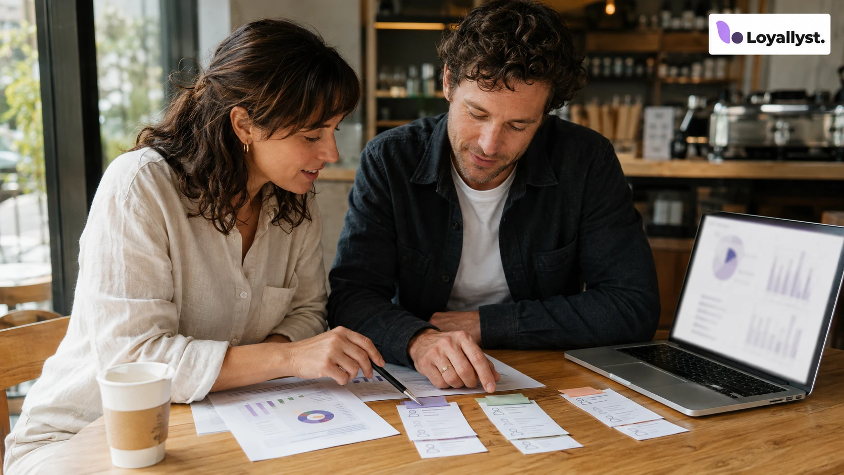 Two colleagues review purchase reports and sort customer cards into groups at a coffee shop table, with the Loyallyst logo