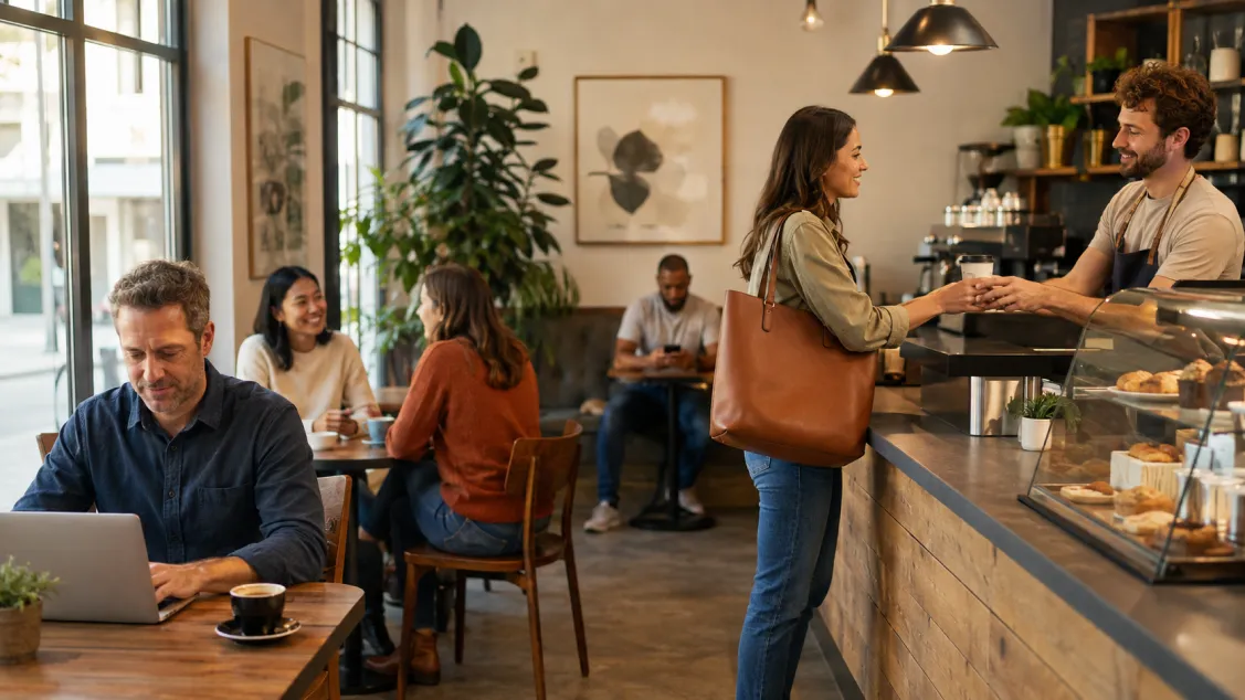 Customers work and chat in a coffee shop while a barista hands a customer her coffee