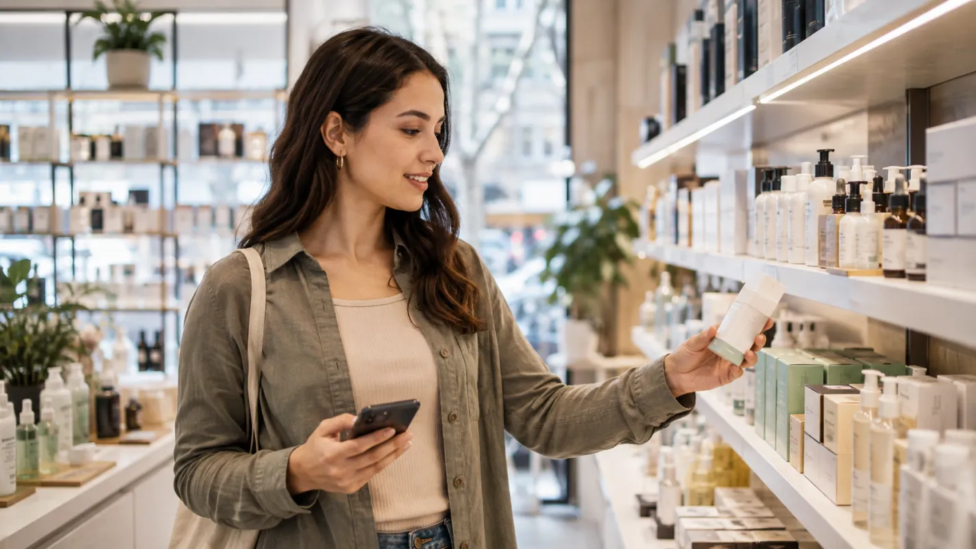 A shopper holding a smartphone chooses a product in a cosmetics store