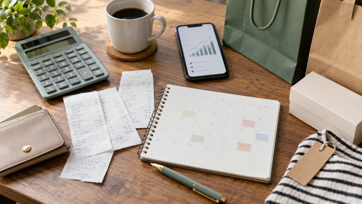 A calculator, receipts, calendar, and smartphone used to forecast revenue from purchase frequency