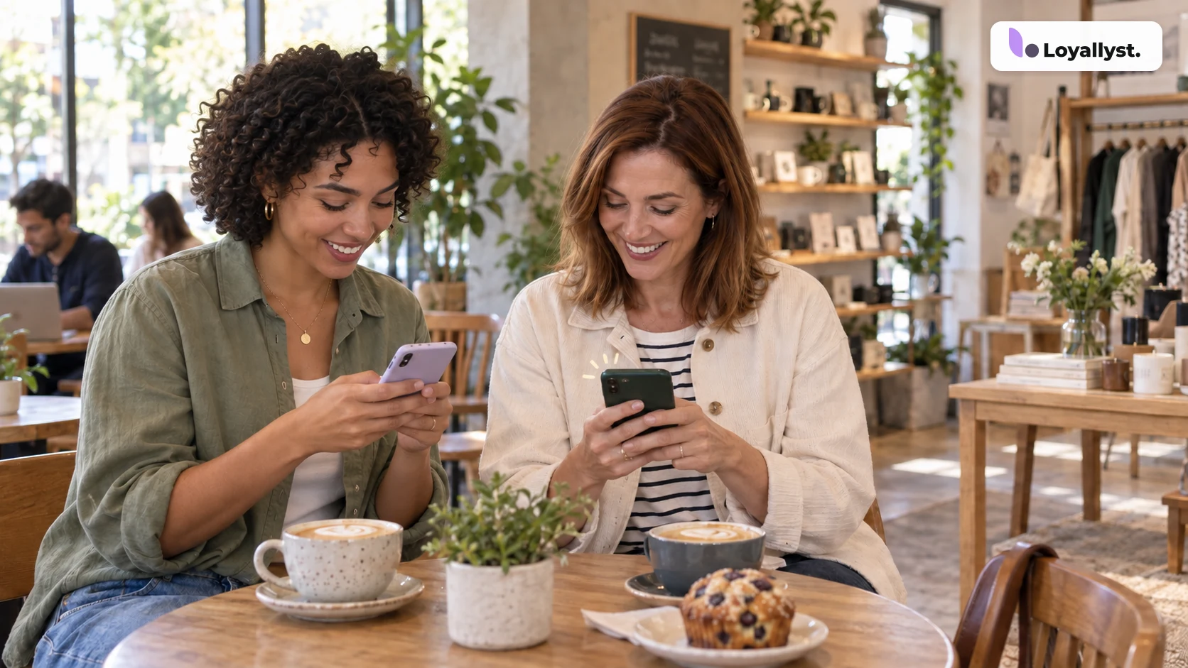 Two female friends share a referral invitation on their smartphones in a café, with the Loyallyst logo nearby