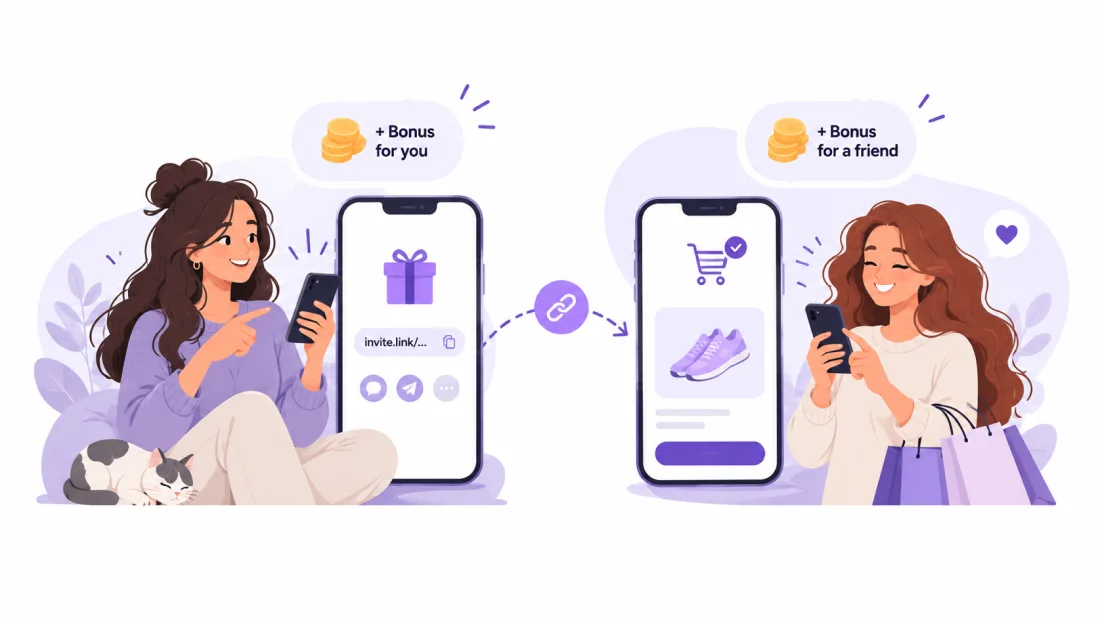 A customer sends a referral link to a friend and both receive rewards after the purchase