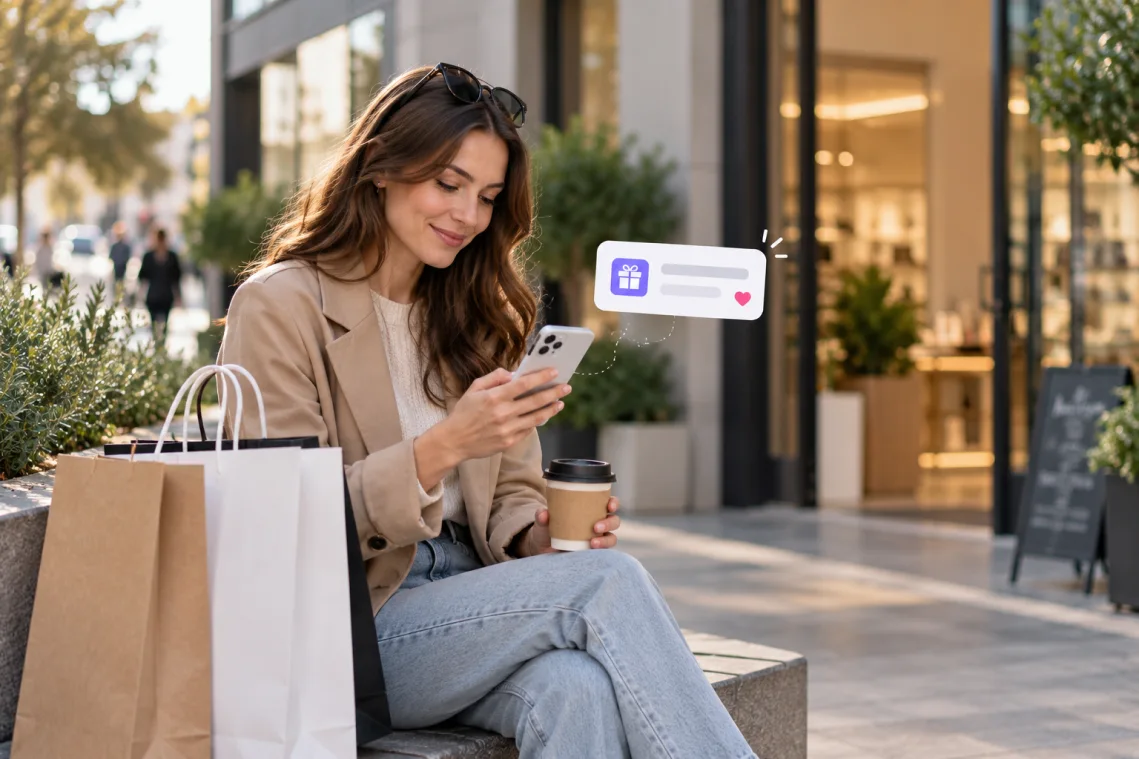 A customer receives a smartphone reminder about rewards after a purchase
