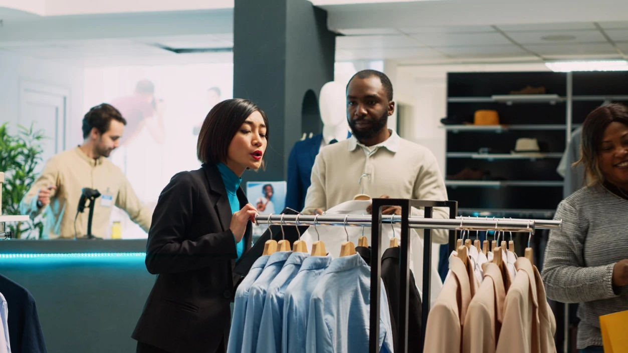 Customers browse clothes in a store