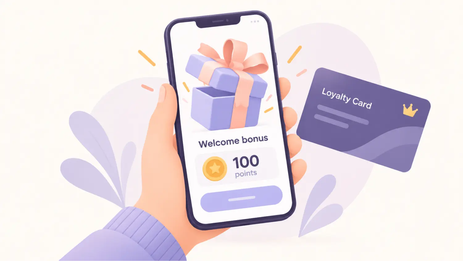 Illustration of a phone showing a 100-point welcome bonus beside a loyalty card