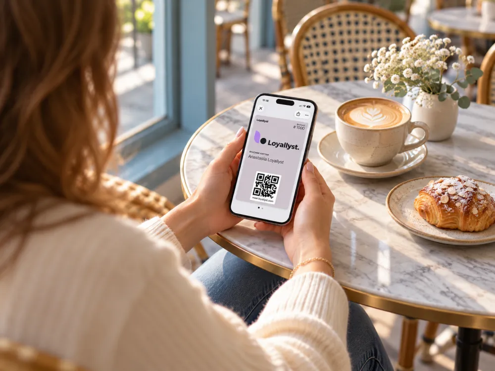 A customer views her Loyallyst loyalty card in Wallet at a café table