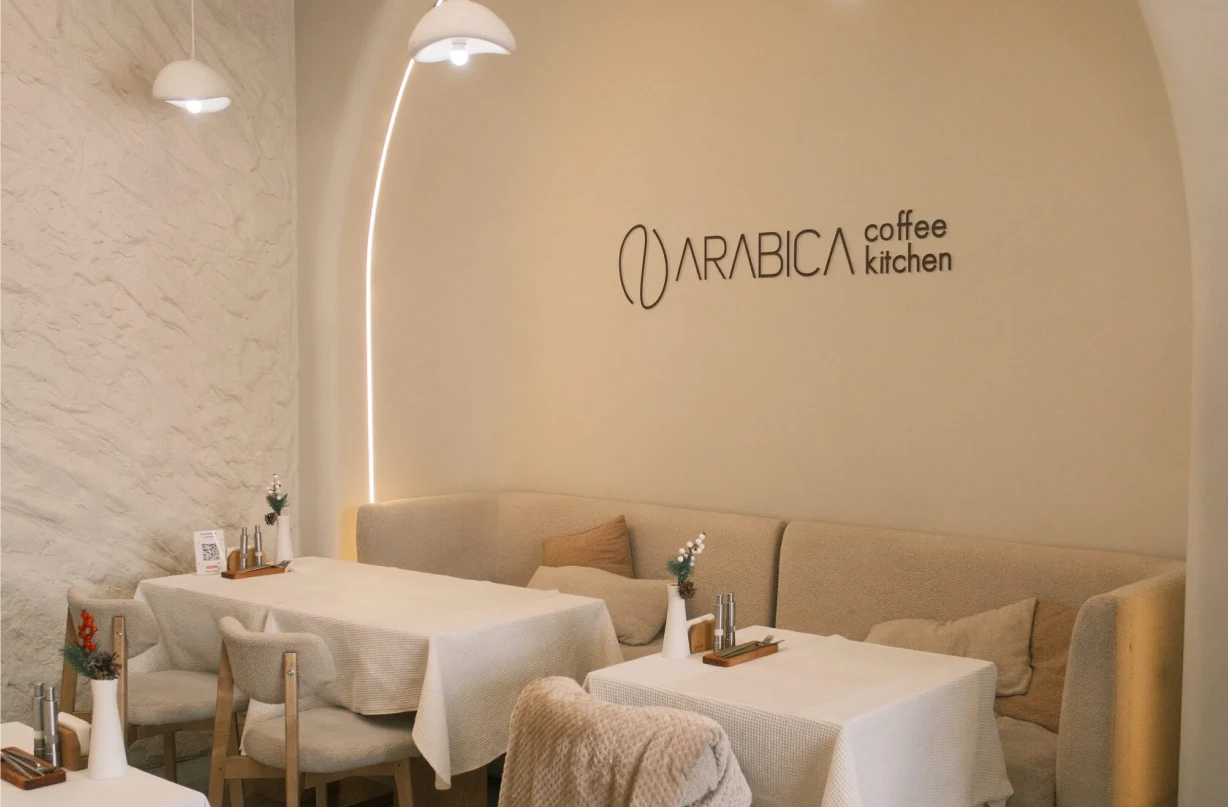 Warm interior of an Arabica coffee shop in Kazakhstan